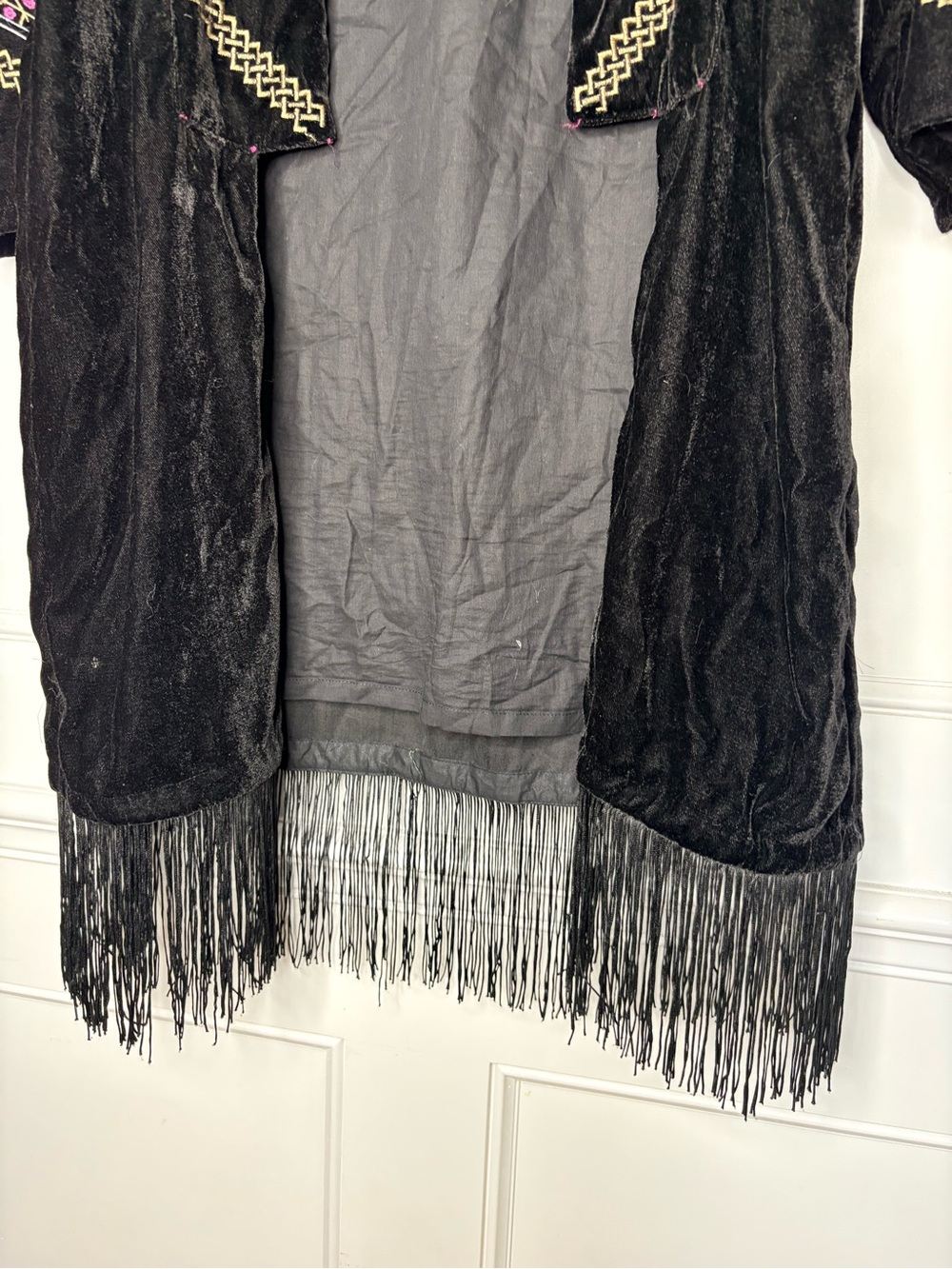 Black Velvet Embroidered Fringe Open-Front Robe - Picture 3 of 16